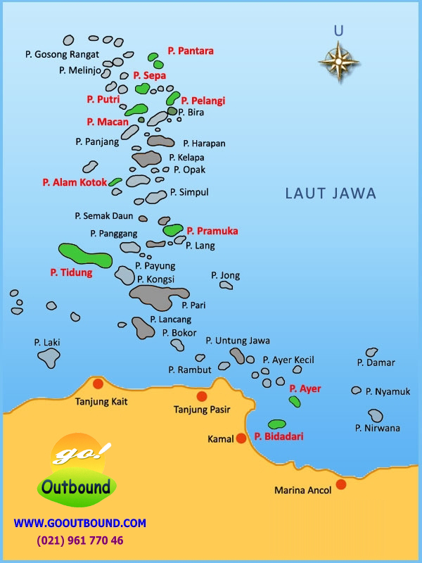Peta Kepulauan Seribu: Pulau Alam Kotok, Ayer, Bidadari, Pantara, Putri, Sepa, Pelangi, Macan, Tidung, Pramuka. Tersedia Paket Wisata dan Outbound MURAH